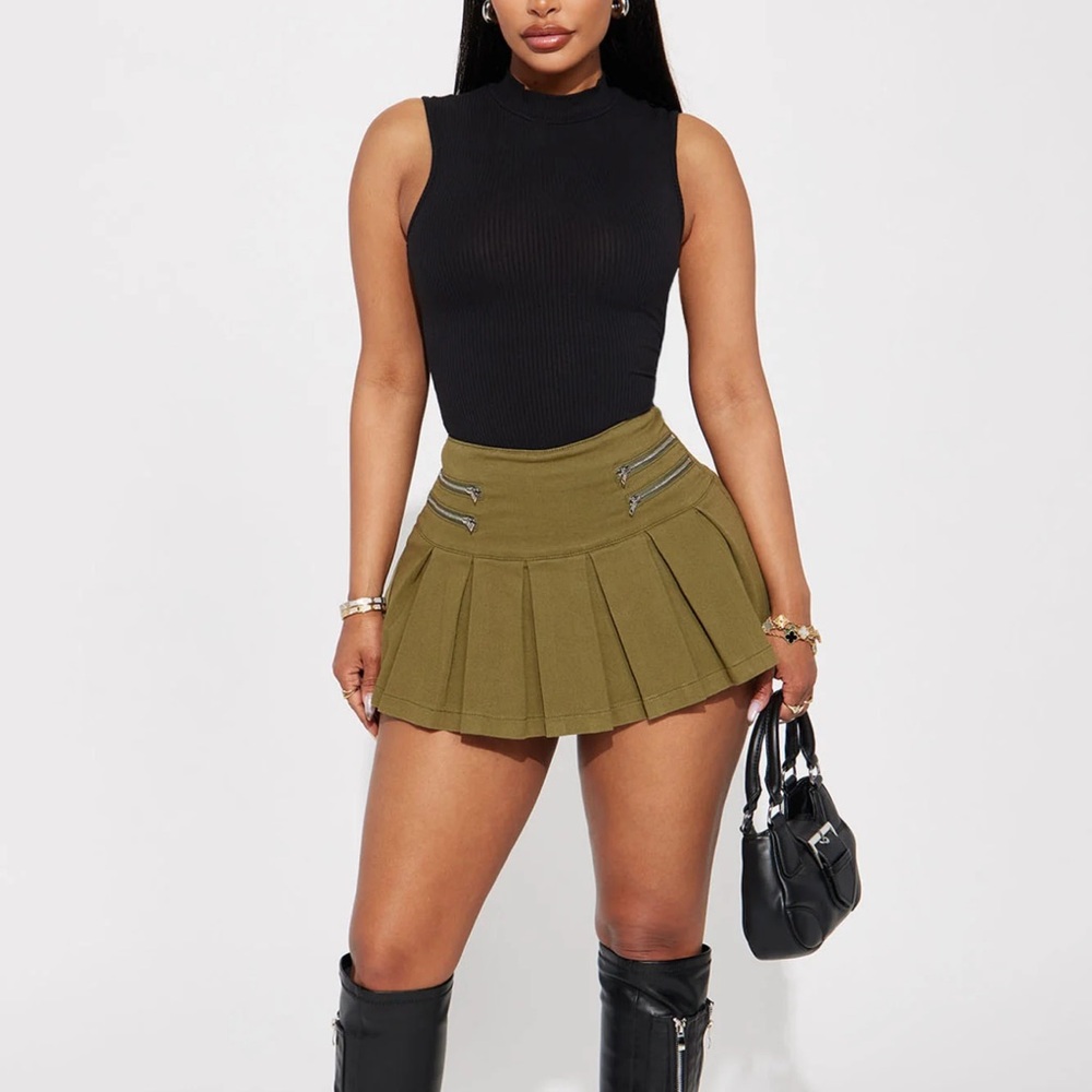Olive Pleated Mini Skirt